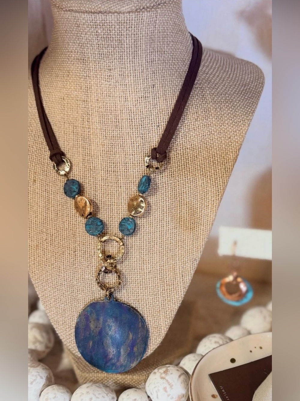 Artisan Style Shell and Brass Pendant Necklace on Cord